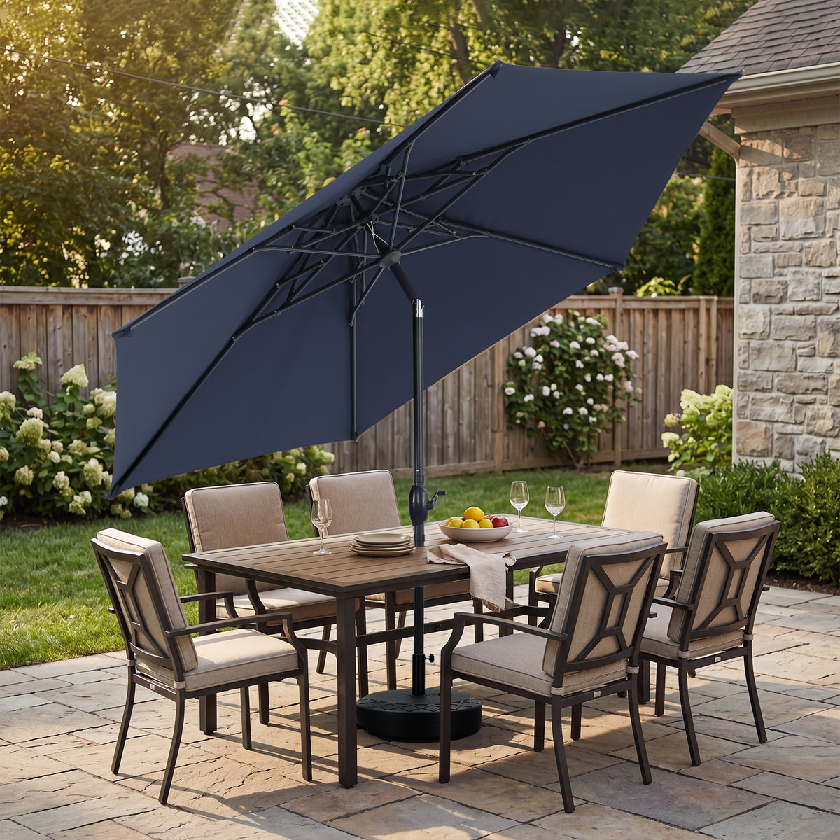 Autlaycil 10ft Navy Blue Patio Umbrella with Stand, 3-Tier Windproof Stable Frame, Spider-arm Structure, 95 lbs Sand Filled 67 lbs Water Filled Outdoor Base