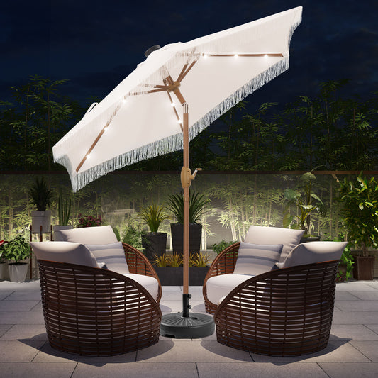 Autlaycil 7.5 ft Patio Umbrella and Umbrella Base with Tassel Fringe Stylish, 18 LED Lights Solar Umbrella (Beige)