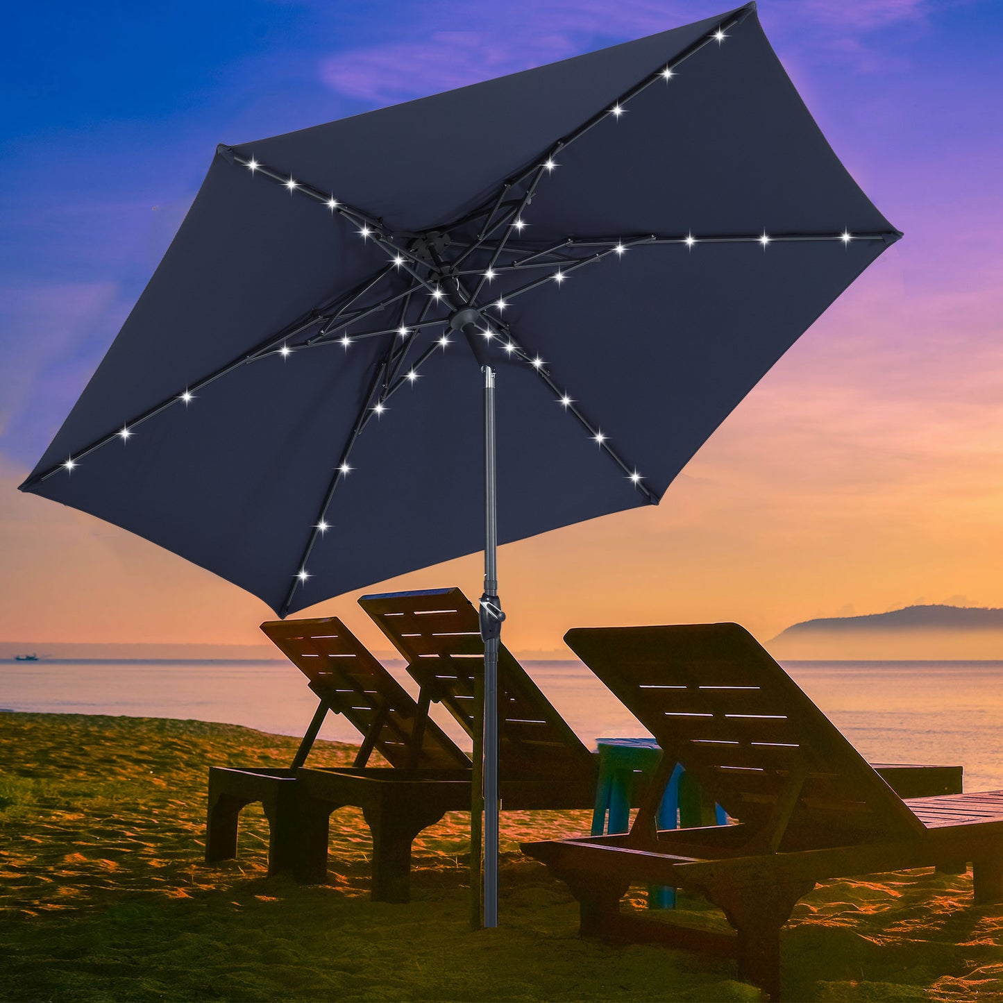 Autlaycil 10ft Navy Blue Solar Patio Umbrella with Lights, 3-Tier Windproof Stable Frame, Spider-arm Structure for Pool, Yard, Garden, Deck, Outdoor