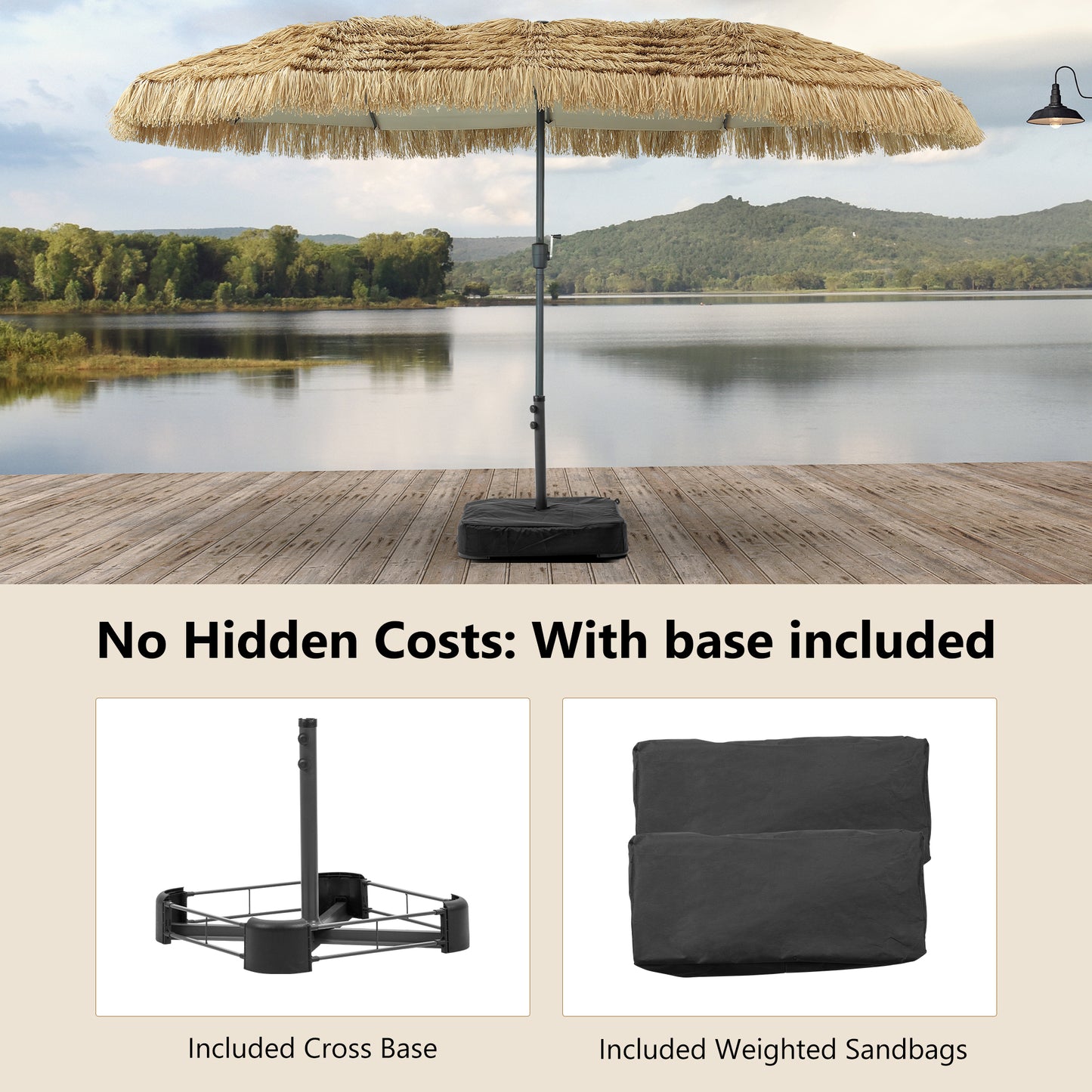 Autlaycil 15 ft Tiki Umbrella with Sandbags Base, Thatched, Hawaiian, Pool, Patio, Beach