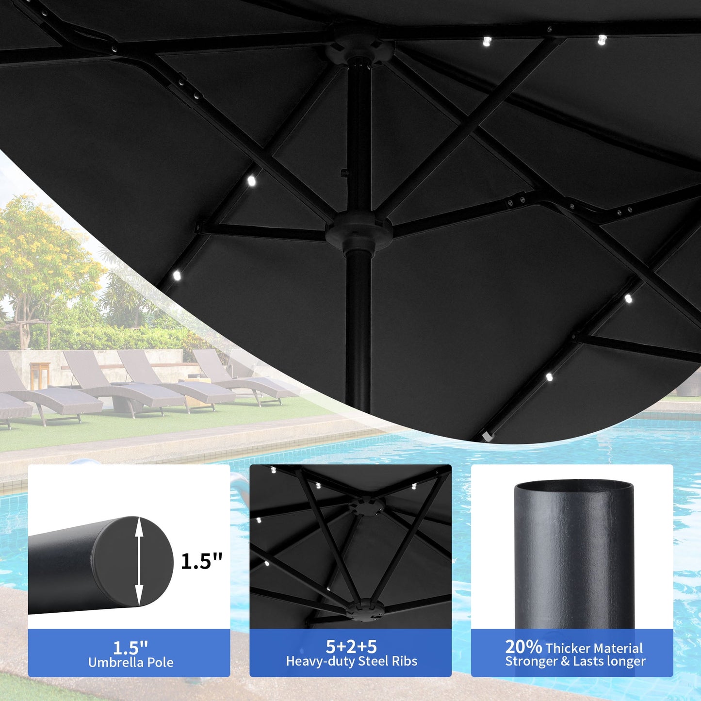Autlaycil 13 Ft Solar LED Patio Umbrella, 36 Solar Powered LED Lights & Crank System for Garden, Deck, Poolside, Patio, Black