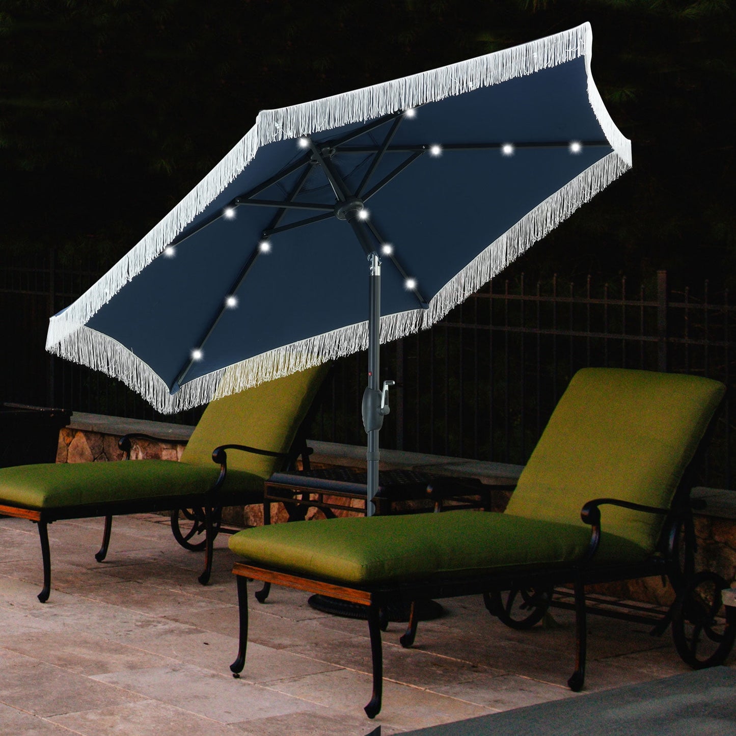 Autlaycil 7.5 ft Navy Blue Tassel Patio Umbrella with Base, 18 LED Lights Solar, and Push Button Tilt and Crank