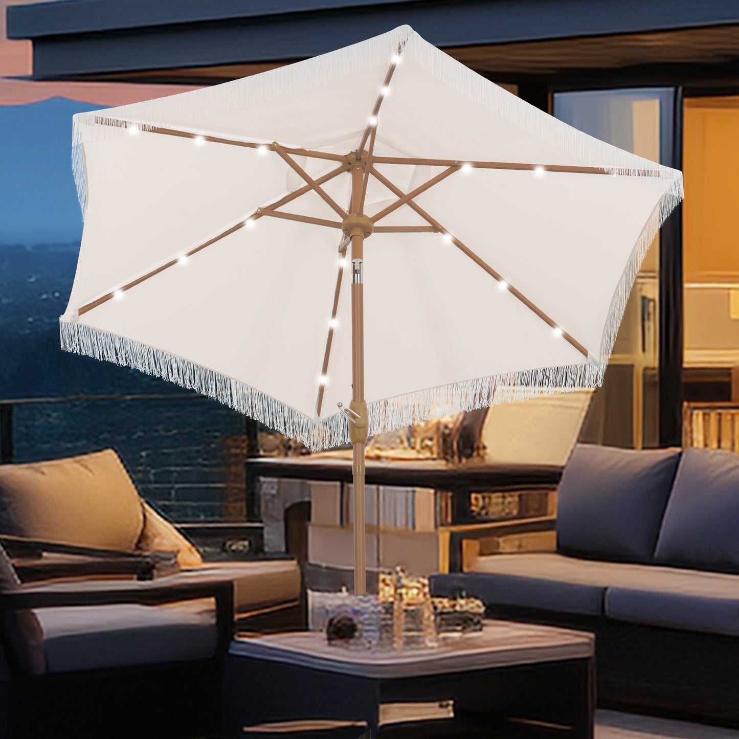 Autlaycil 7.5 ft Patio Tassel Umbrella with Base, 18 LED Lights Solar Umbrella (Beige)