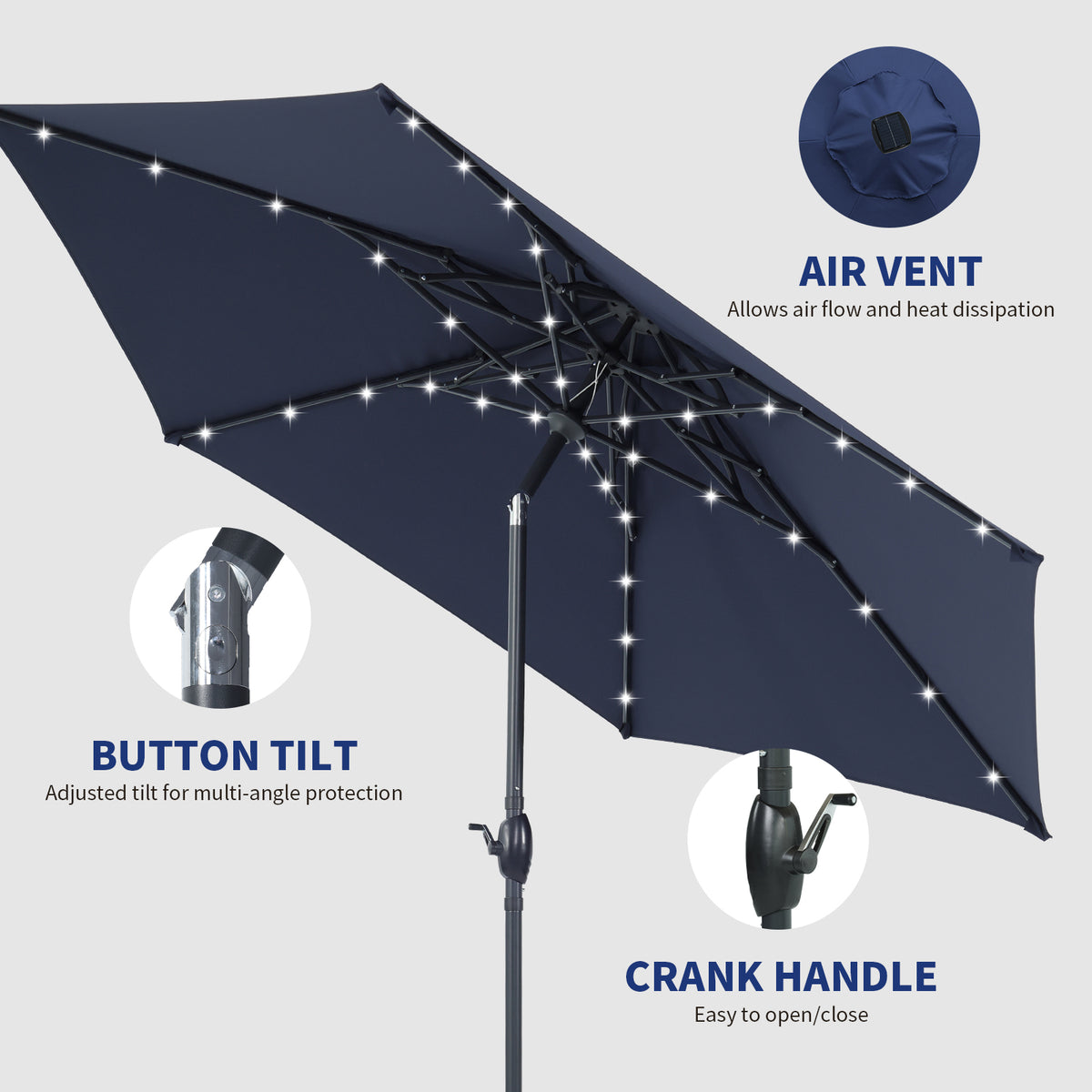 Autlaycil 10ft Solar Patio Umbrella with Lights, 3-Tier Windproof Stable Frame, Octopus-arm Structure with Steel Tilt and Crank-Navy Blue