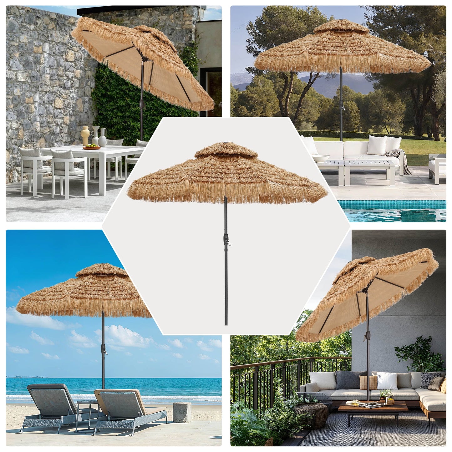 Autlaycil 9 ft Hula Tiki Outdoor Umbrella, 2-Tier Thatched Beach Umbrella, Pool, Patio, Yard, Garden