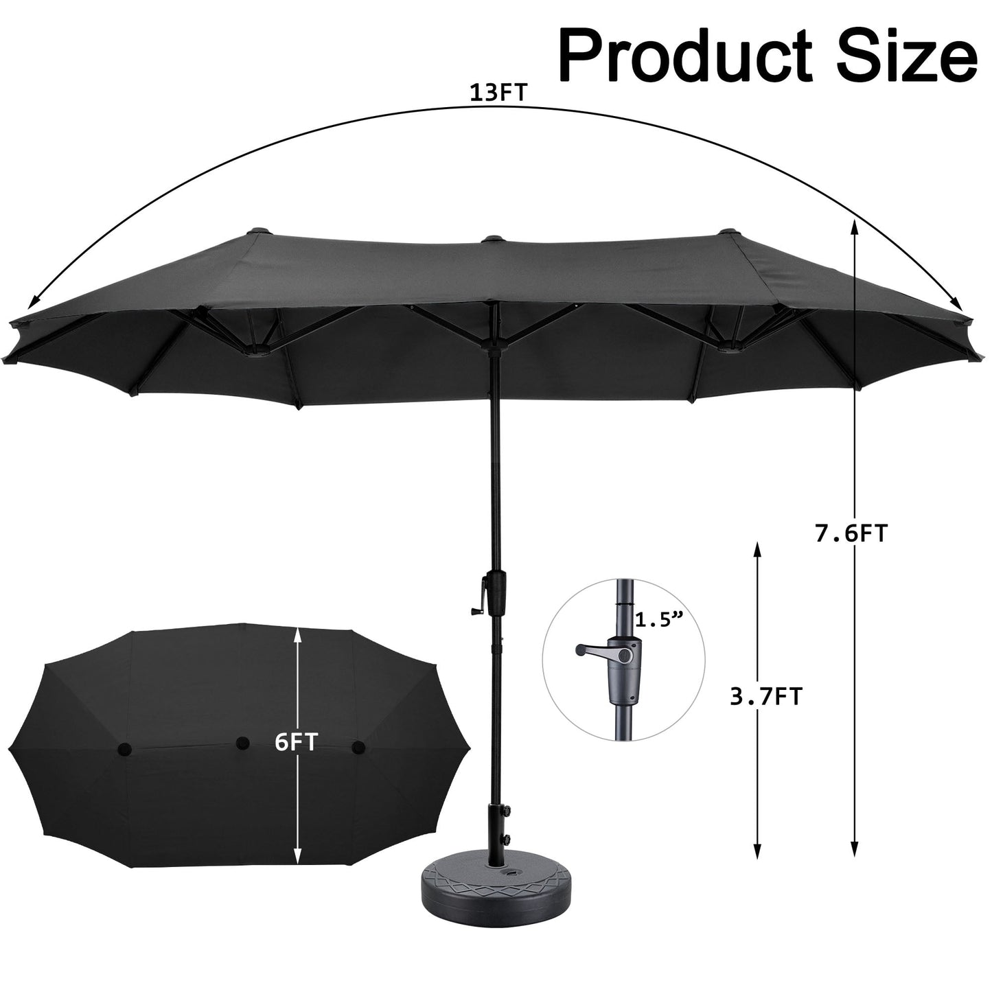 Autlaycil 13 ft Rectangle Patio Umbrella with Crank, Outdoor Market Umbrella with Umbrella Base (Black)