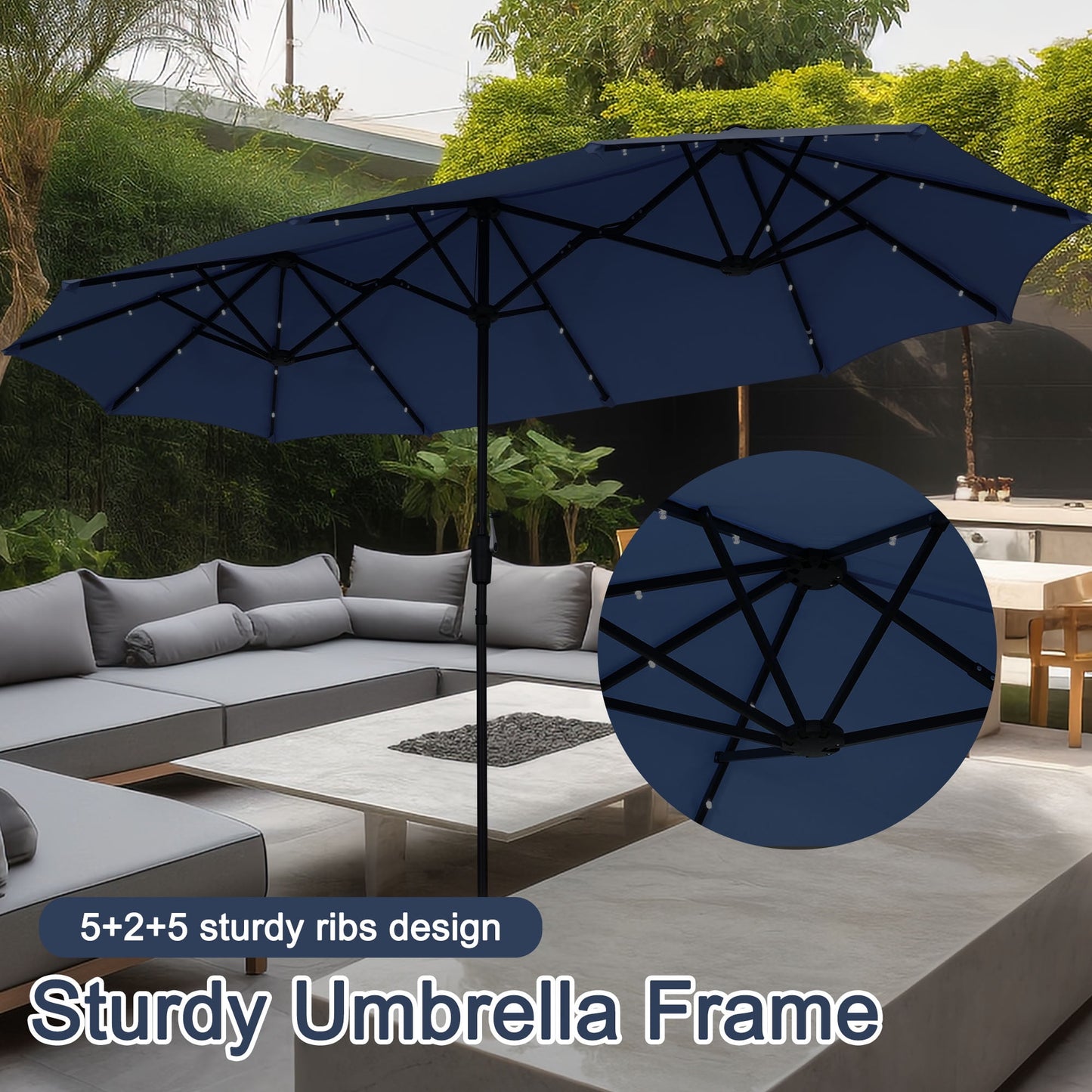 Autlaycil 13 ft Rectangle Patio Umbrella with Umbrella Base 36 LED lights for Market Patio Solar Umbrella (Navy Blue)