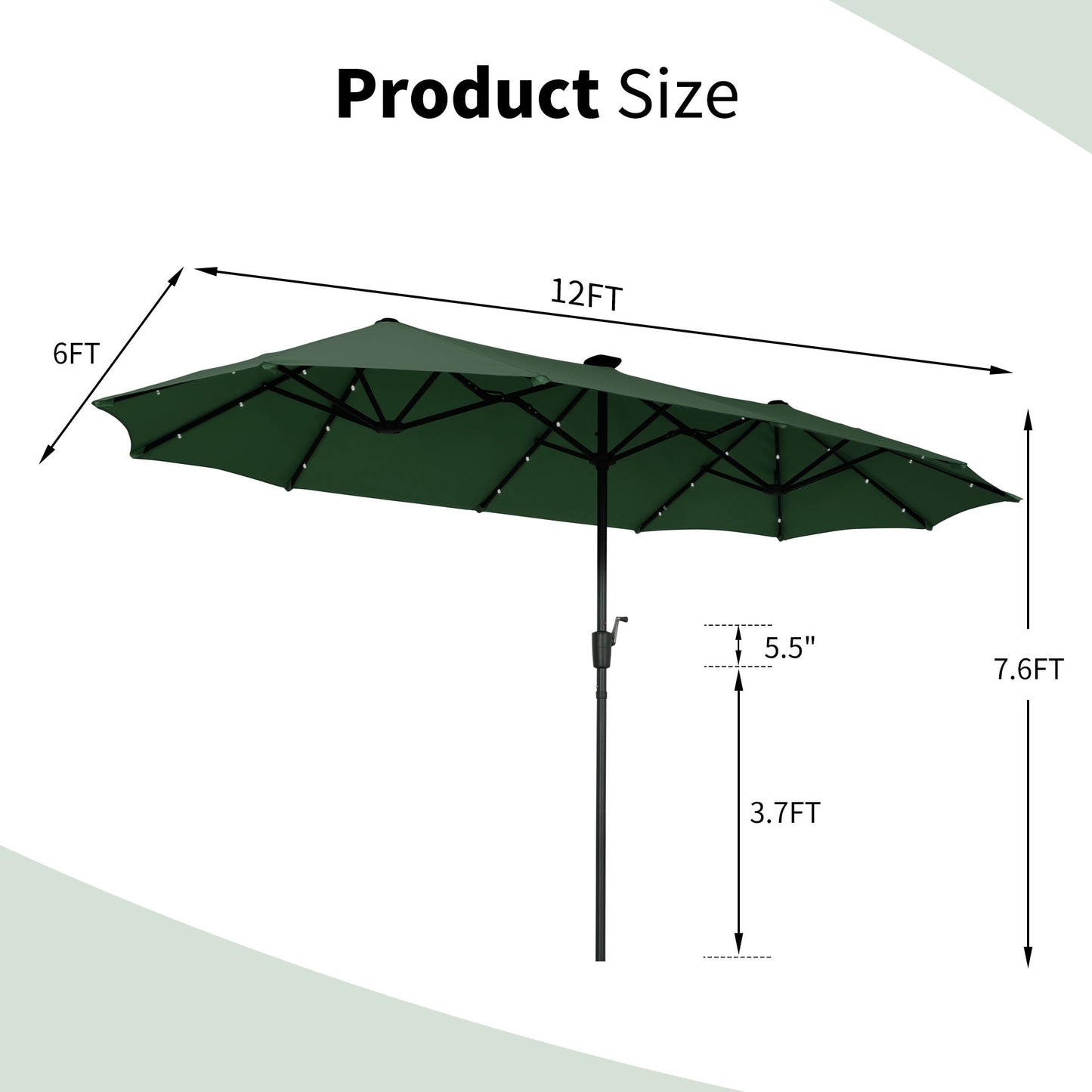 Autlaycil 13 Ft Solar LED Patio Umbrella, 36 Solar Powered LED Lights & Crank System for Garden, Deck, Poolside, Patio, Green