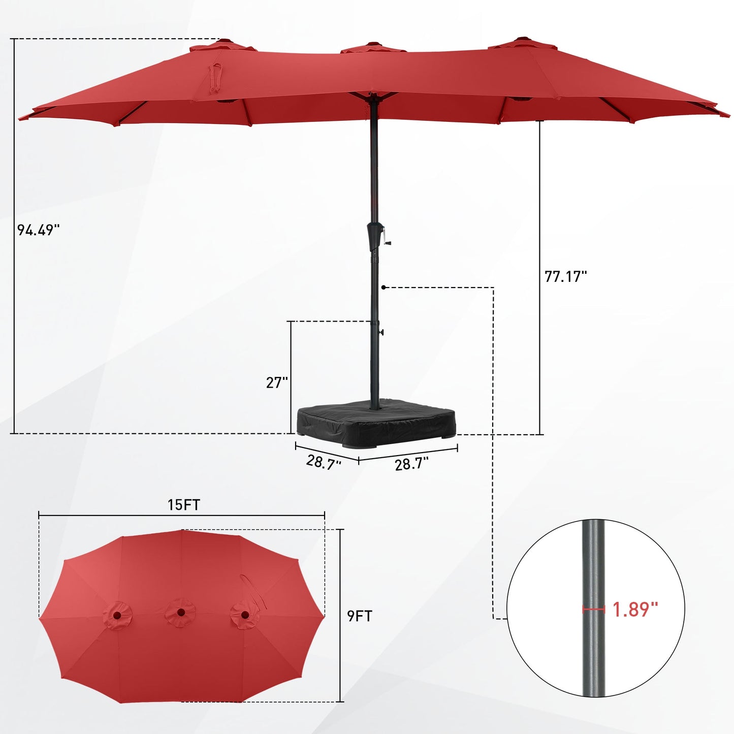 Autlaycil 15 ft Rectangle Patio Umbrella with Umbrella Base, Crank, Outdoor Market Umbrella (Red)