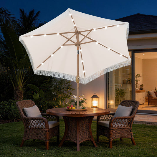 Autlaycil 7.5 ft Patio Umbrella with Tassel Fringe Stylish and 18 LED Lights Solar Umbrella - Beige