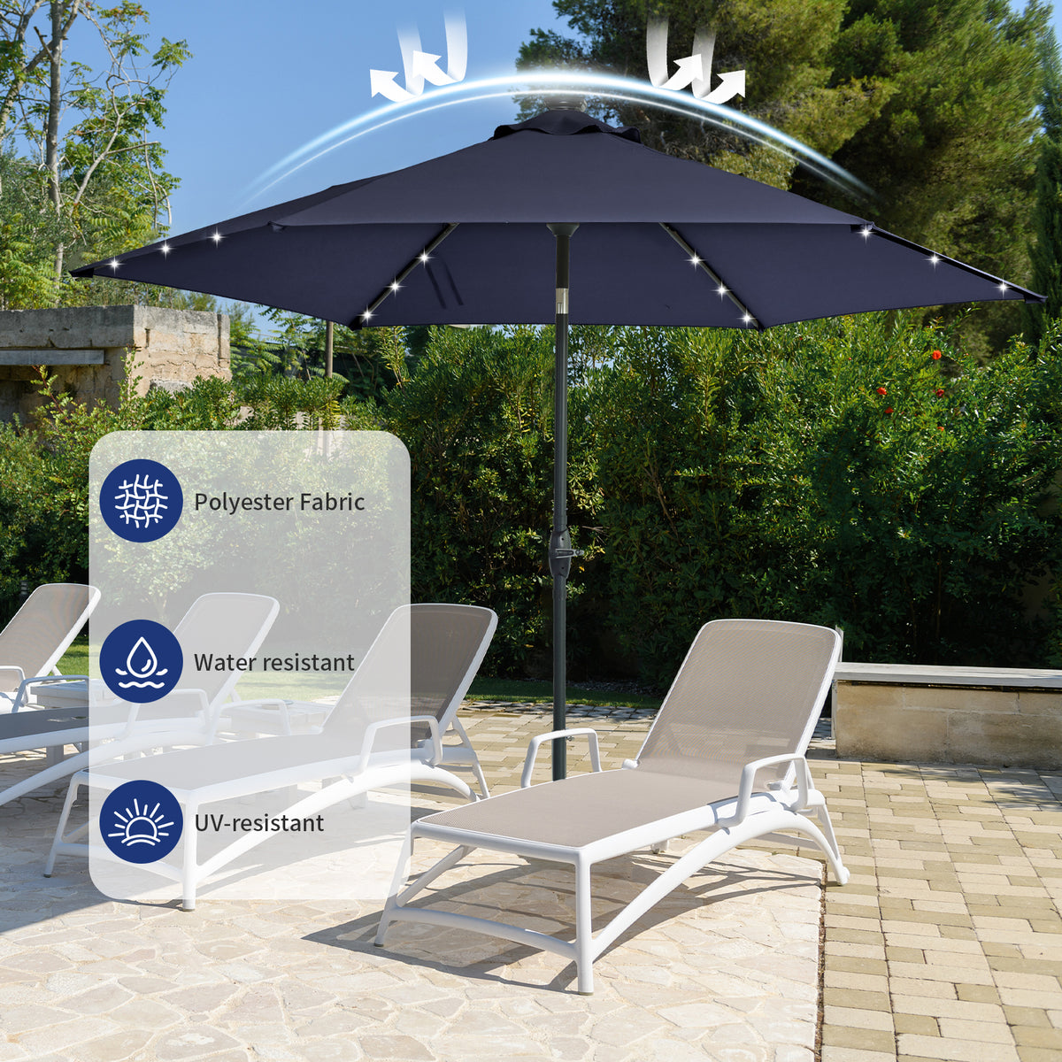 Autlaycil 10ft Solar Patio Umbrella with Lights, 3-Tier Windproof Stable Frame, Octopus-arm Structure with Steel Tilt and Crank-Navy Blue