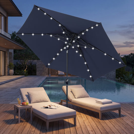 Autlaycil 10ft Solar Patio Umbrella with Lights, 3-Tier Windproof Stable Frame, Spider-arm Structure with Steel Tilt and Crank-Navy Blue