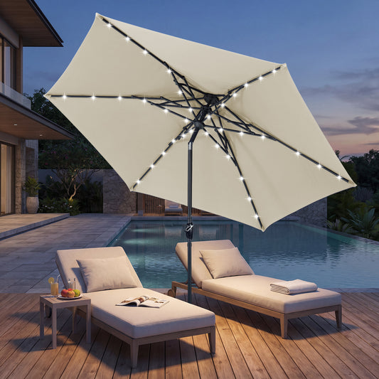 Autlaycil 10ft Solar Patio Umbrella with Lights, 3-Tier Windproof Stable Frame, Spider-arm Structure with Steel Tilt and Crank-Beige