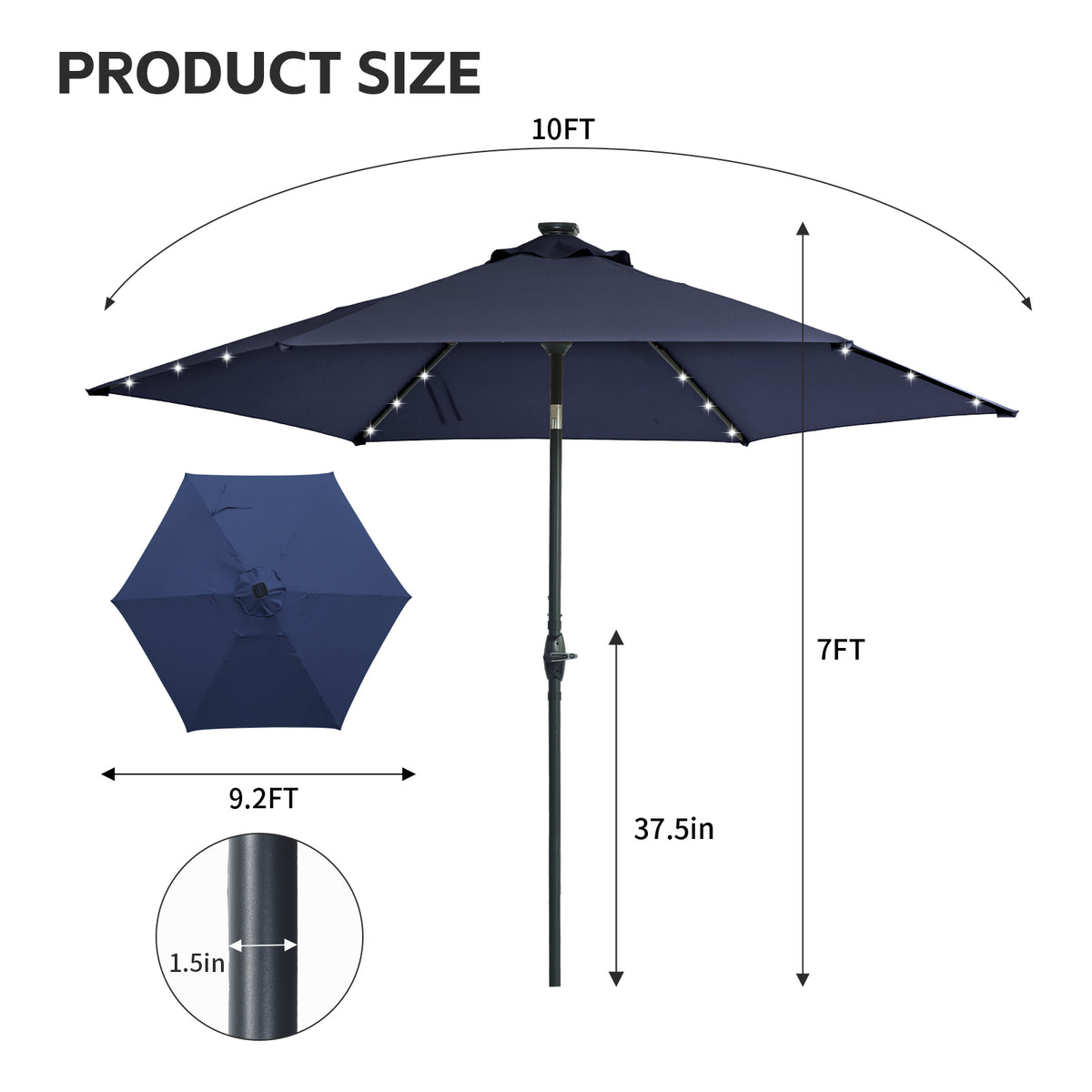 Autlaycil 10ft Solar Patio Umbrella with Lights, 3-Tier Windproof Stable Frame, Octopus-arm Structure with Steel Tilt and Crank-Navy Blue