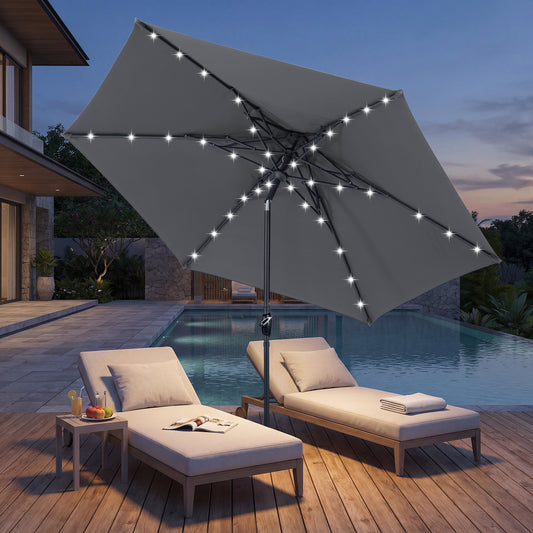 Autlaycil 10ft Solar Patio Umbrella with Lights, 3-Tier Windproof Stable Frame, Spider-arm Structure with Steel Tilt and Crank-Gray