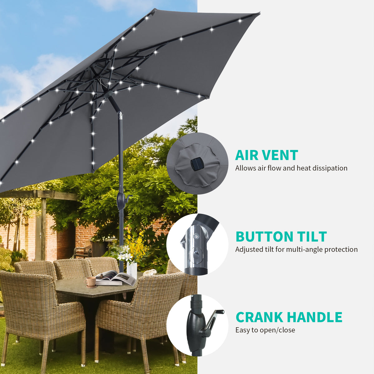Autlaycil 10ft Gray Solar Patio Umbrella with Stand and Lights, 3-Tier Windproof Stable Frame, Spider-arm Structure, 95 lbs Sand Filled 67 lbs Water Filled Outdoor Base