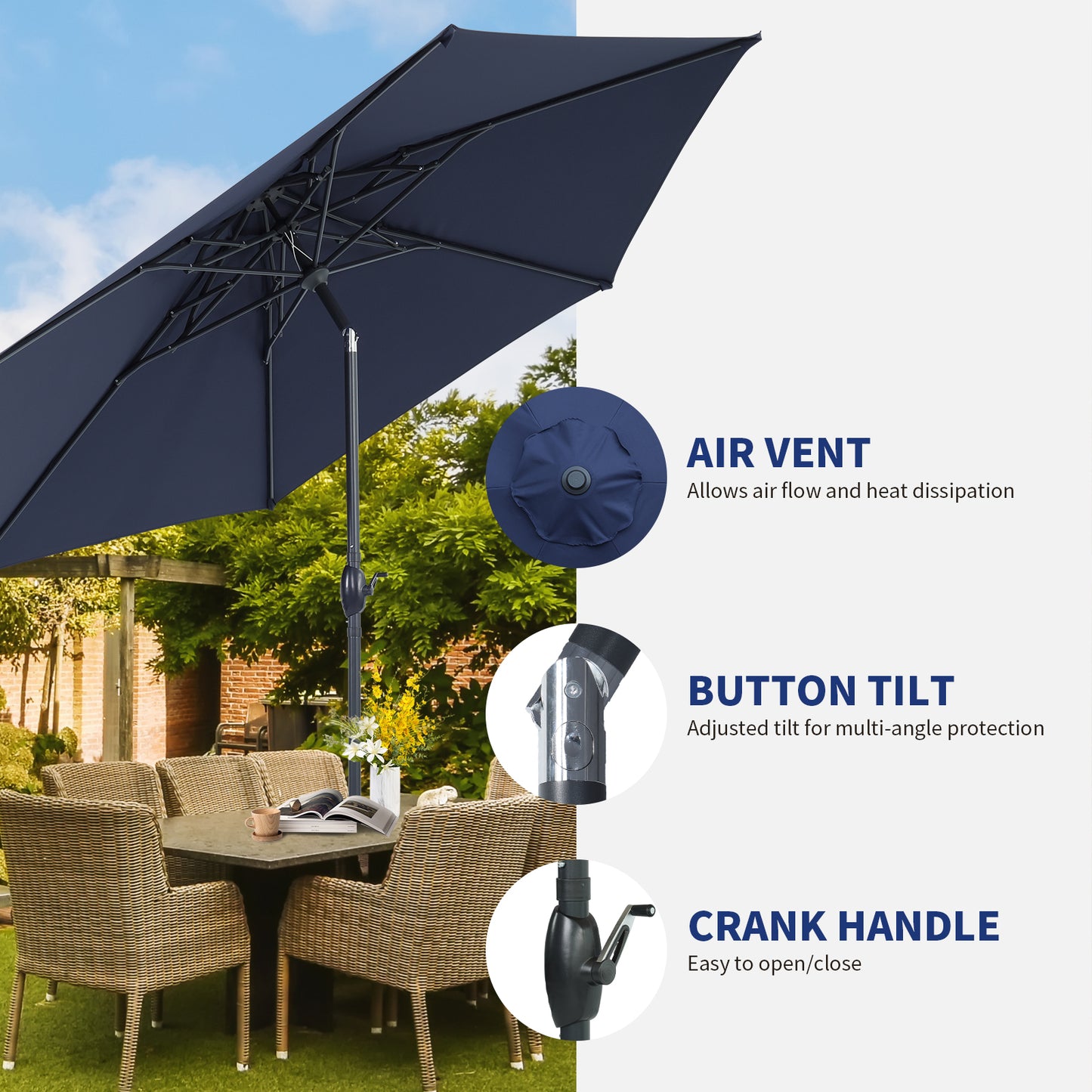 Autlaycil 10ft Navy Blue Patio Umbrella with Stand, 3-Tier Windproof Stable Frame, Spider-arm Structure, 95 lbs Sand Filled 67 lbs Water Filled Outdoor Base