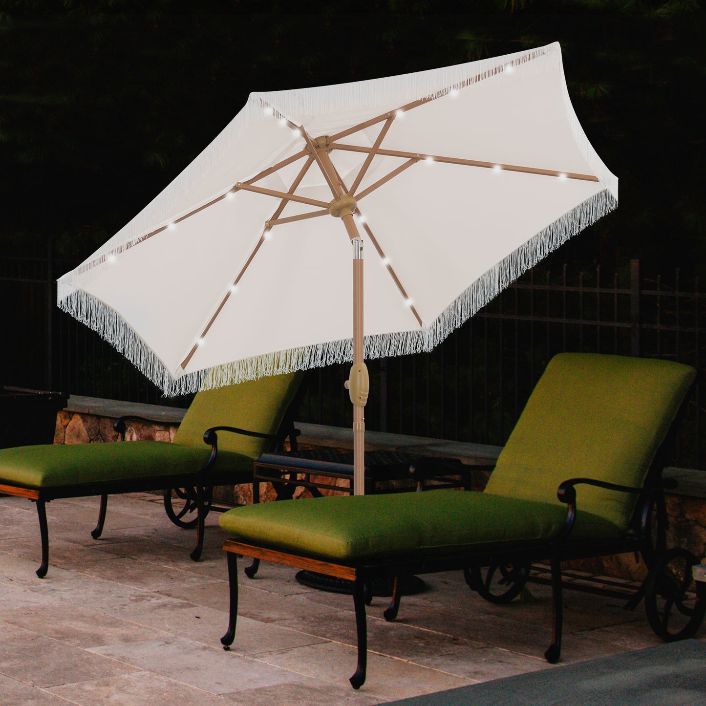 Autlaycil 7.5 ft Patio Tassel Umbrella with Base, 18 LED Lights Solar Umbrella (Beige)