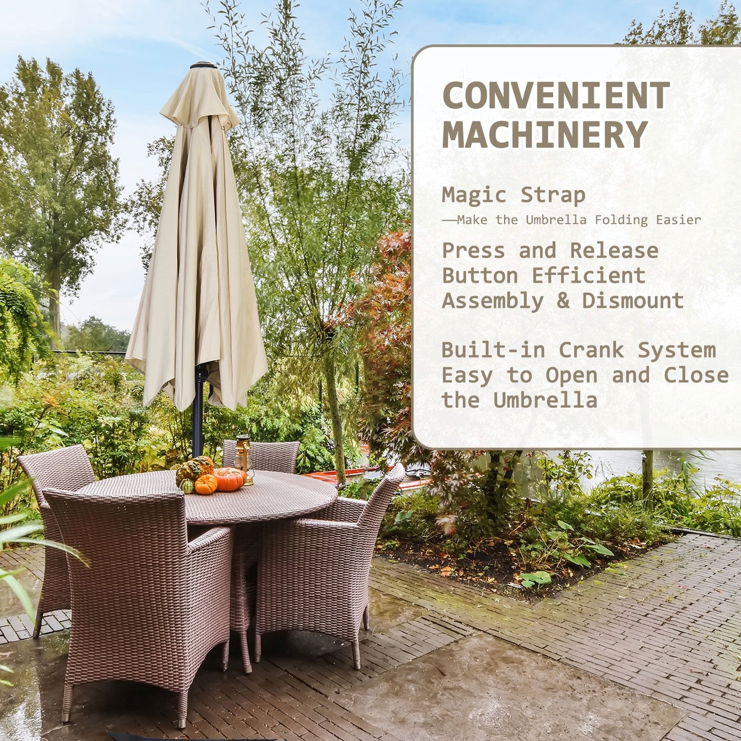 Autlaycil 7.5 ft Beige Patio Umbrella and Decorated Base, with Push Button Tilt and Crank for Beach, Pool, Outdoor