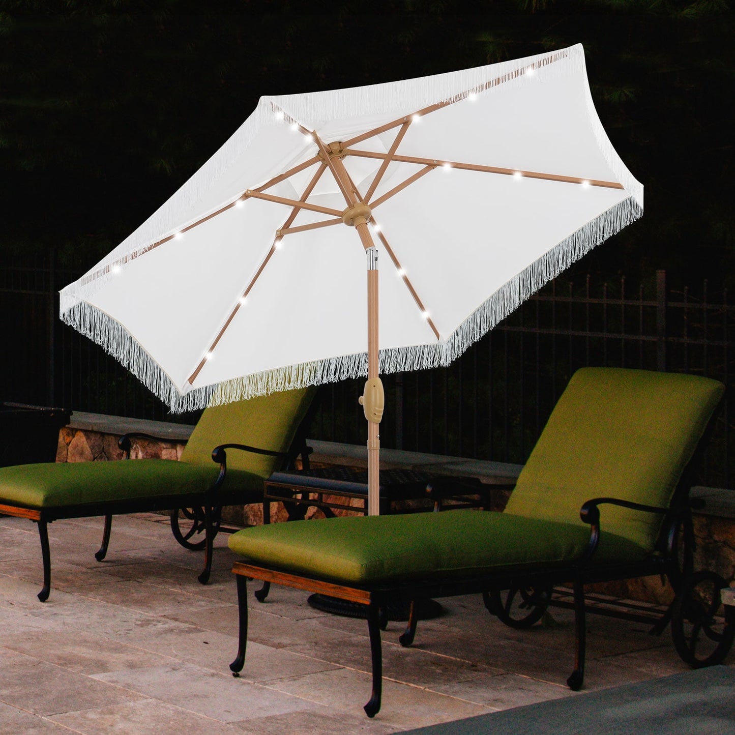 Autlaycil 7.5 ft White Tassel Patio Umbrella with Base, 18 LED Lights Solar, and Push Button Tilt and Crank