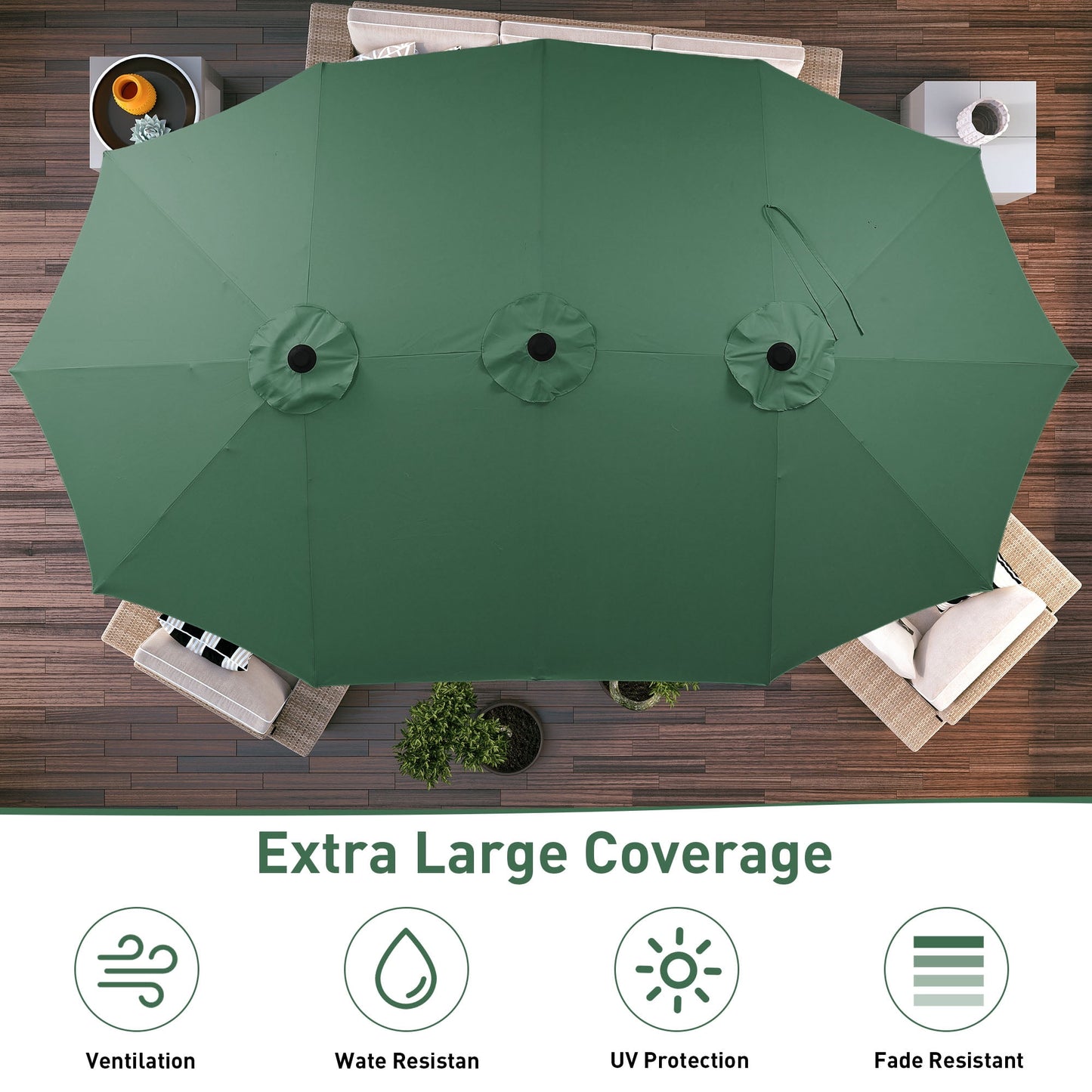 Autlaycil 15 ft Rectangle Patio Umbrella with Umbrella Base, Crank, Outdoor Market Umbrella (Green)