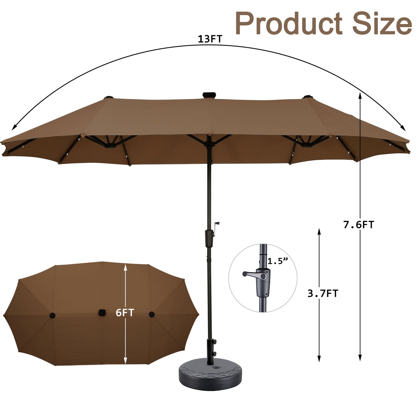 Autlaycil 13 ft Rectangle Patio Umbrella with Umbrella Base 36 LED lights for Market Patio Solar Umbrella (Coffee)