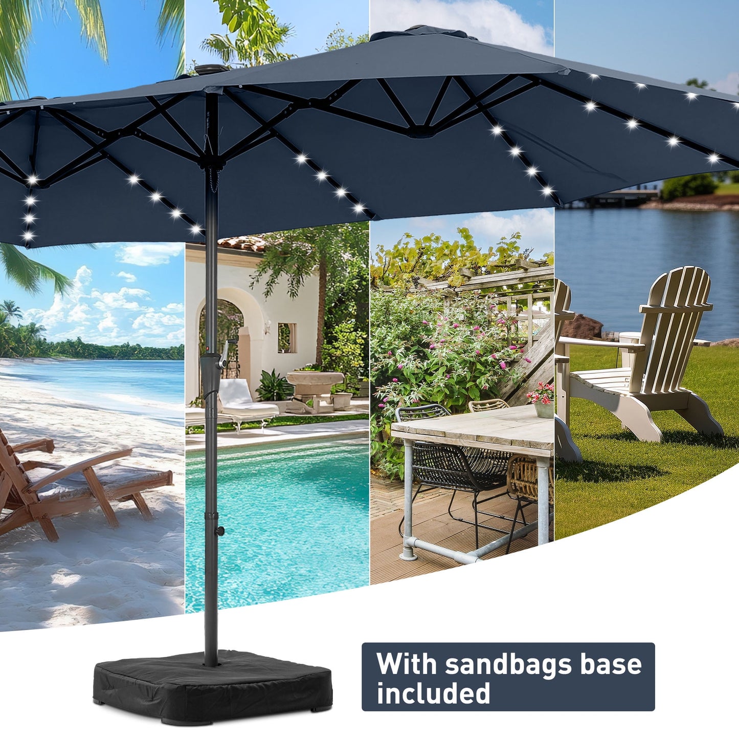 Autlaycil 15ft Large Rectangle Outdoor Patio Umbrella and 48 Solar Lights with Matching Base, Market, Beach, Garden, Yard, Party, Navy Blue