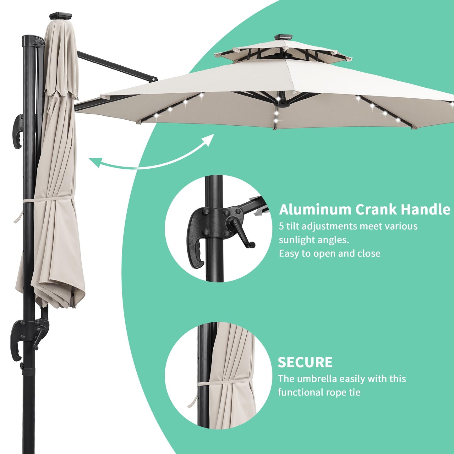 Autlaycil 10 FT Aluminum Offset Outdoor Cantilever Umbrella with 35 Solar Lights, and 360-degree Rotation, 2-Tier Patio Umbrella, White