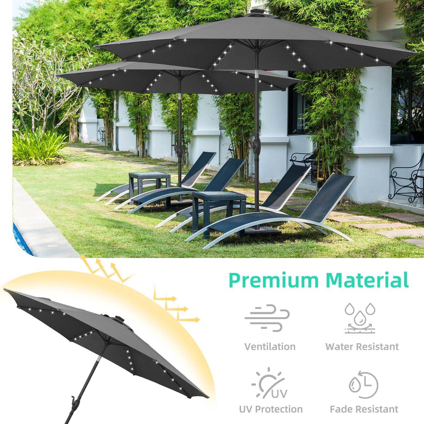 Autlaycil 10ft Gray Patio Umbrellas 32 Solar LED Lights Outdoor Market Umbrella with Tilt Crank, Solar Umnrella