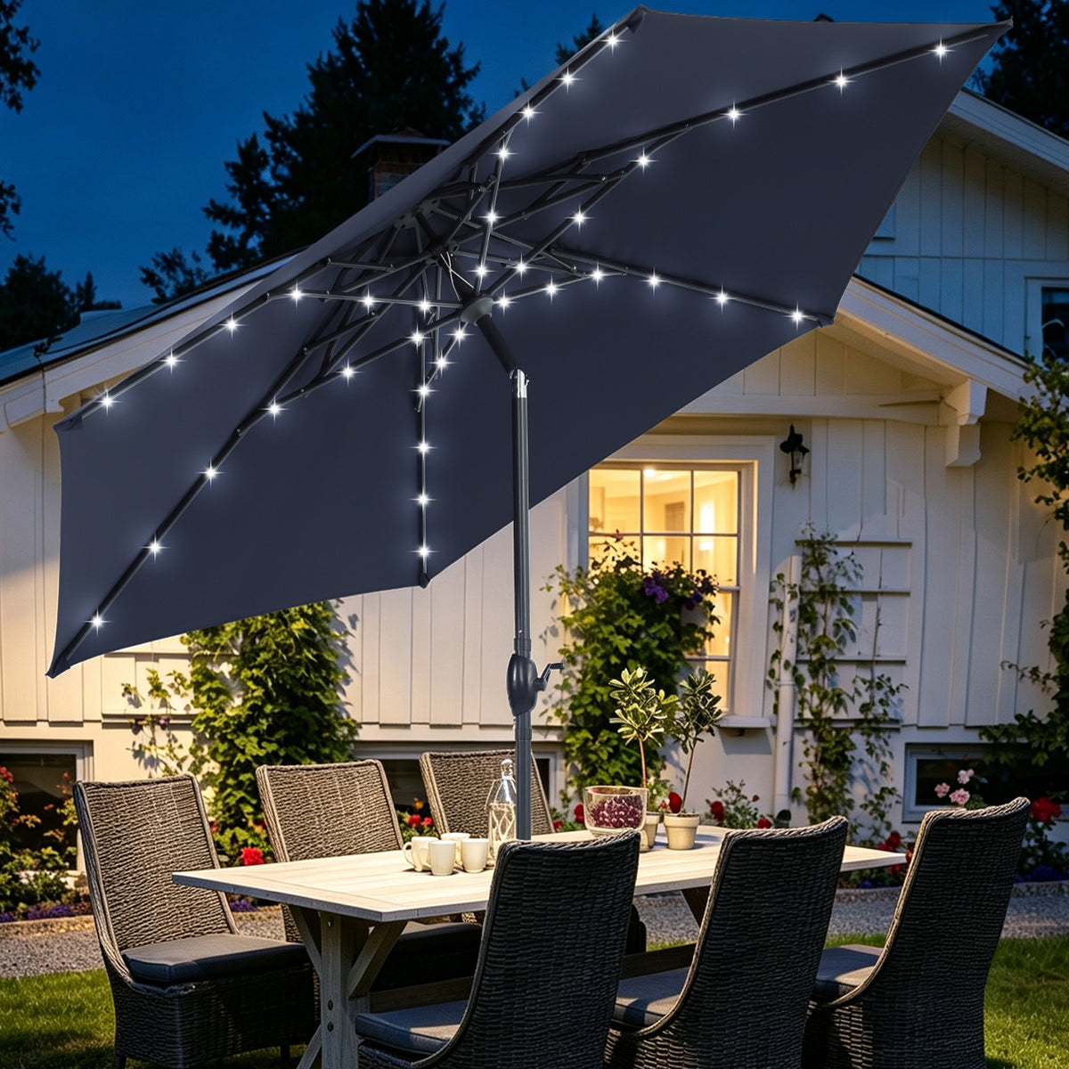 Autlaycil 10ft Solar Patio Umbrella with Lights, 3-Tier Windproof Stable Frame, Octopus-arm Structure with Steel Tilt and Crank-Navy Blue