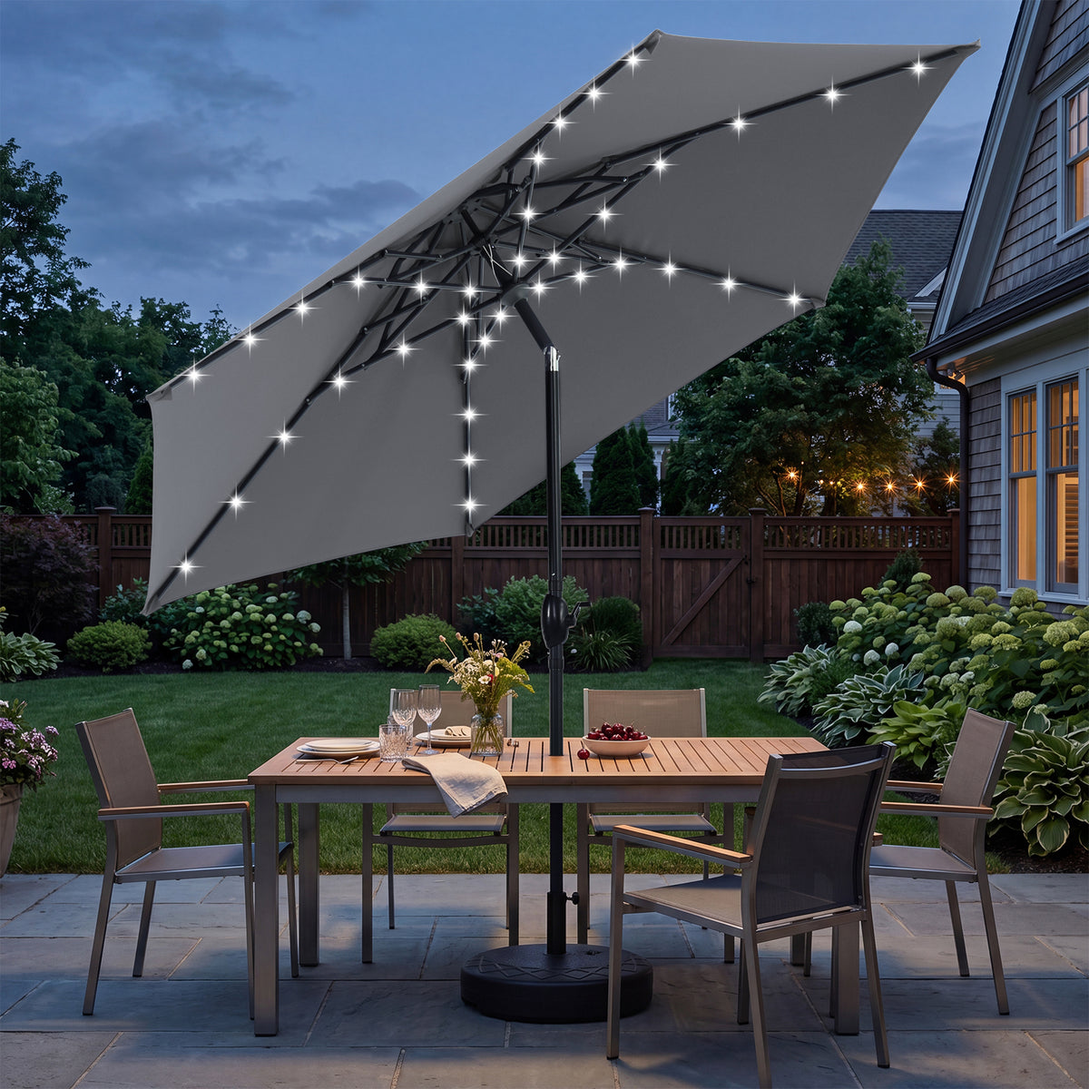 Autlaycil 10ft Gray Solar Patio Umbrella with Stand and Lights, 3-Tier Windproof Stable Frame, Spider-arm Structure, 95 lbs Sand Filled 67 lbs Water Filled Outdoor Base