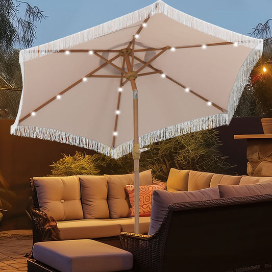 Autlaycil 7.5 ft Patio Umbrella with Tassel Fringe Stylish, 18 LED Lights Solar Umbrella (Khaki)