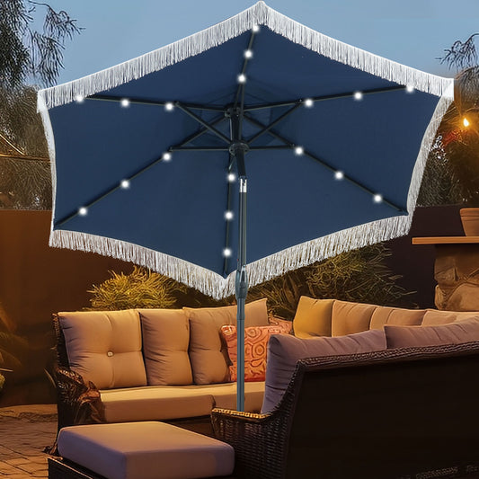 Autlaycil 7.5 ft Patio Umbrella with Tassel Fringe Stylish, 18 LED Lights Solar Umbrella (Navy Blue)