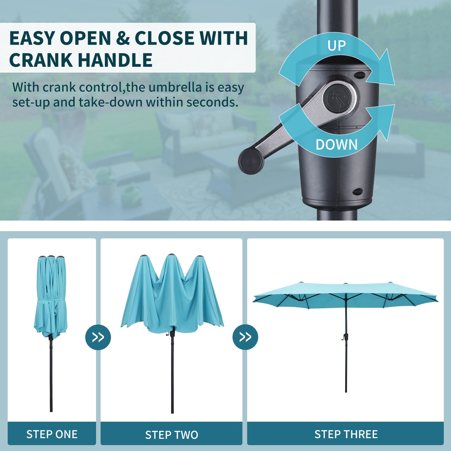 Autlaycil 13ft Patio Umbrella with Crank System and Sturdy Ribs, Sun Protection for Garden, Deck, Poolside, Outdoor - Blue