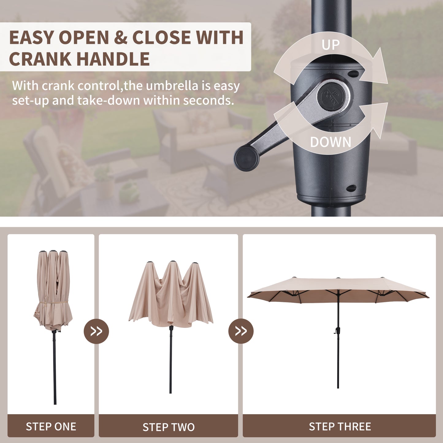 Autlaycil 13ft Patio Umbrella with Crank System and Sturdy Ribs, Sun Protection for Garden, Deck, Poolside, Outdoor - Beige