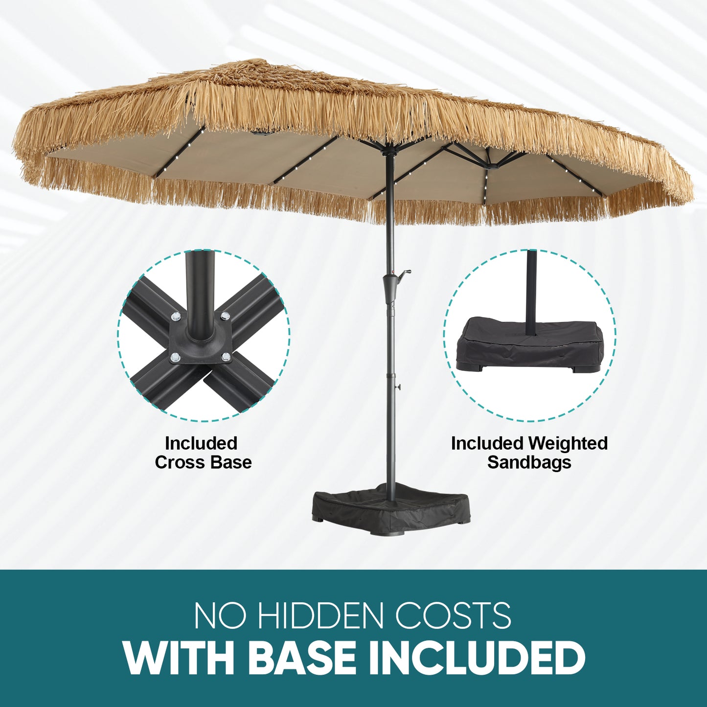 Autlaycil 15 ft Rectangle Patio Tiki Umbrella with Umbrella Base 48 LED lights for Market Solar Umbrella