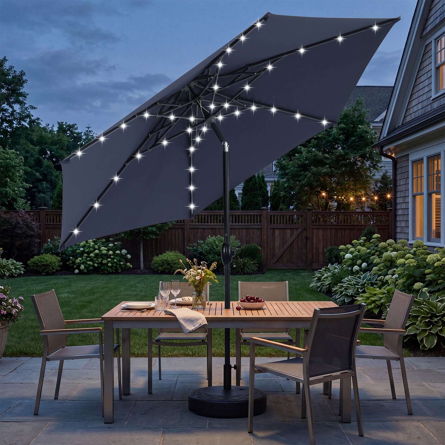 Autlaycil 10ft Navy Blue Solar Patio Umbrella with Stand and Lights, 3-Tier Windproof Stable Frame, Spider-arm Structure, 95 lbs Sand Filled 67 lbs Water Filled Outdoor Base