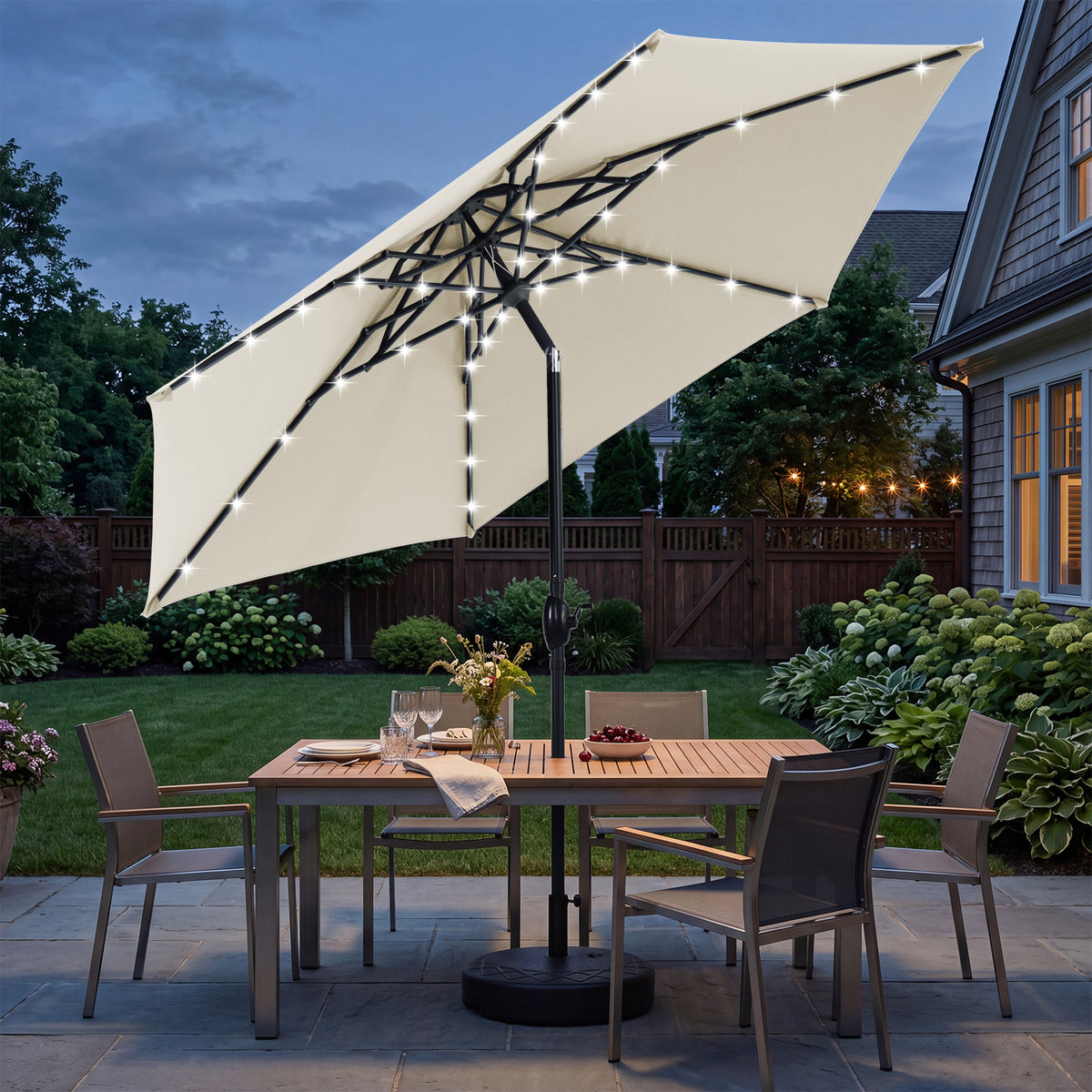 Autlaycil 10ft Beige Solar Patio Umbrella with Stand and Lights, 3-Tier Windproof Stable Frame, Spider-arm Structure, 95 lbs Sand Filled 67 lbs Water Filled Outdoor Base