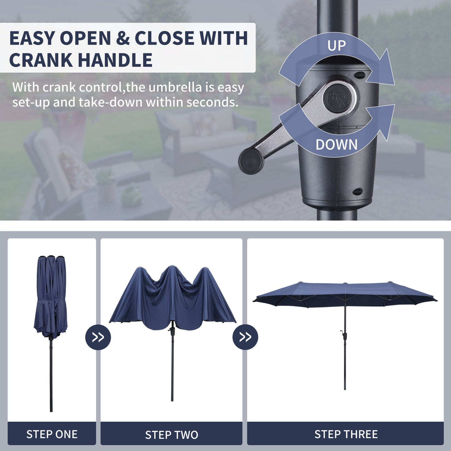 Autlaycil 13ft Patio Umbrella with Crank System and Sturdy Ribs, Sun Protection for Garden, Deck, Poolside, Outdoor - Navy Blue