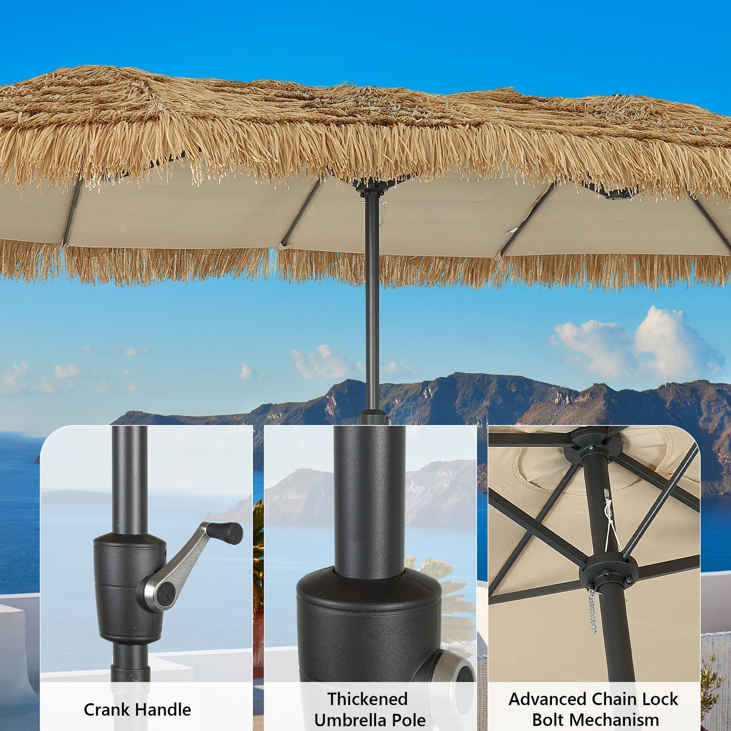 Autlaycil 15 ft Tiki Umbrella with Sandbags Base, Thatched, Hawaiian, Pool, Patio, Beach