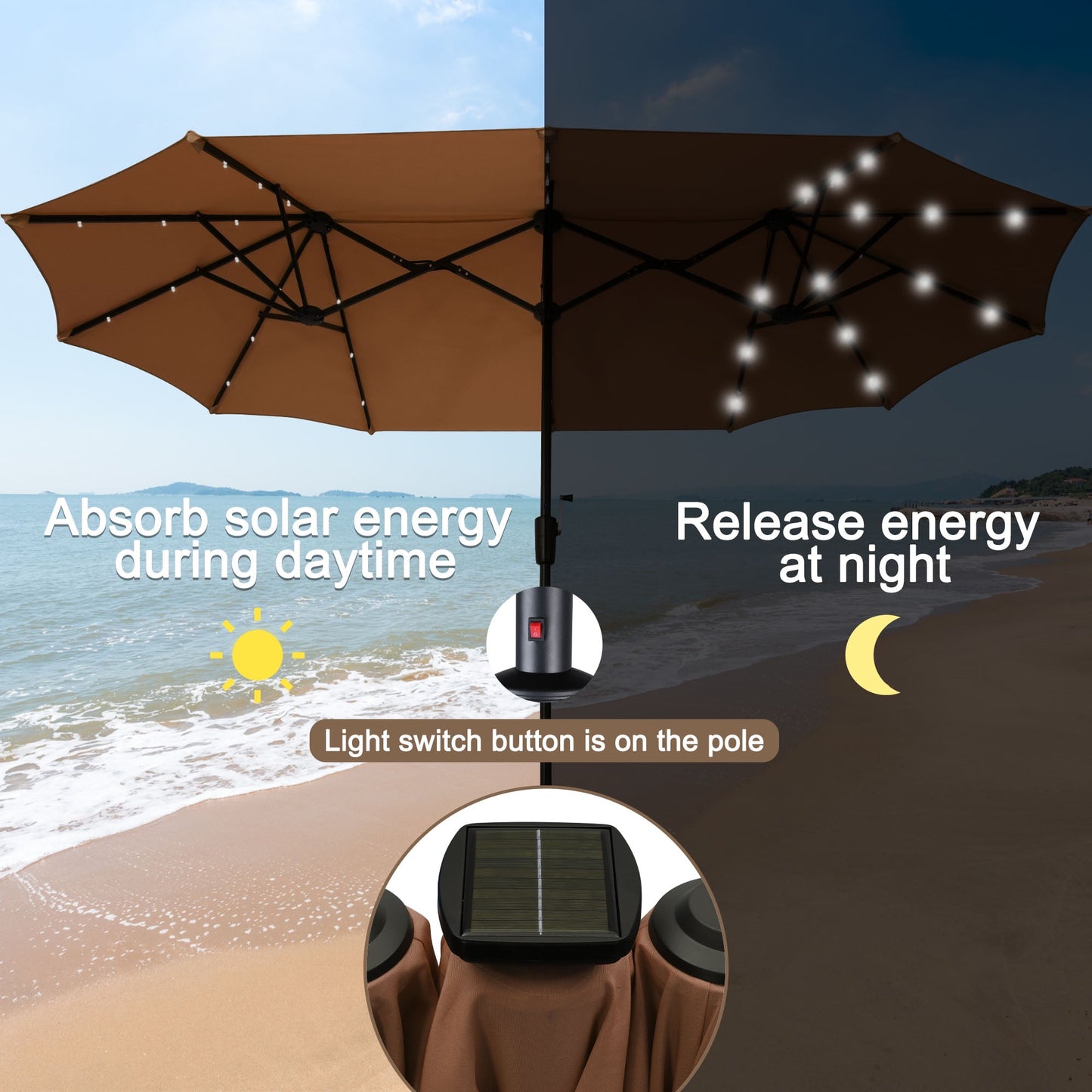 Autlaycil 13 ft Rectangle Patio Umbrella with Umbrella Base 36 LED lights for Market Patio Solar Umbrella (Coffee)