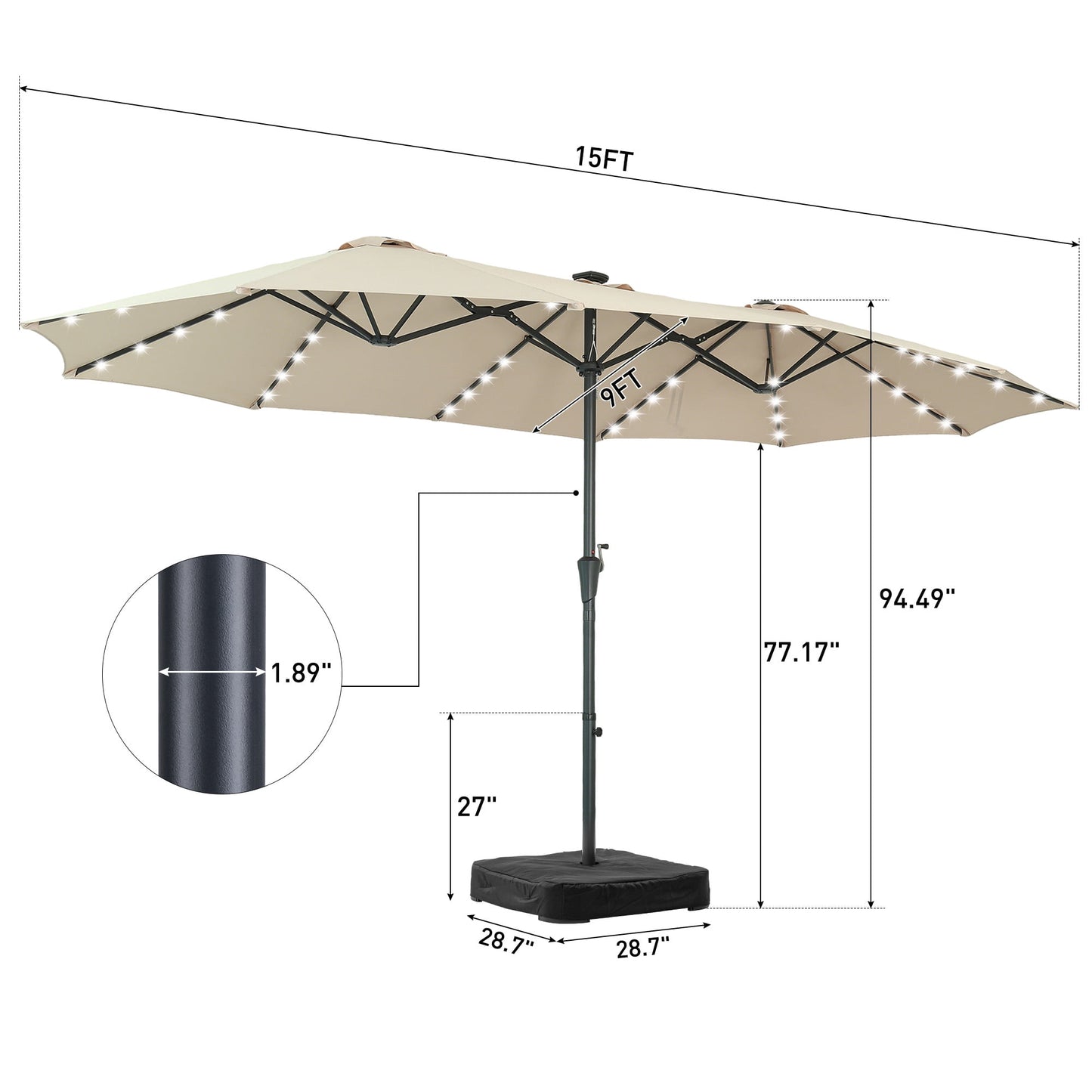 Autlaycil 15ft Large Rectangle Outdoor Patio Umbrella and 48 Solar Lights with Matching Base, Market, Beach, Garden, Yard, Party, Khaki