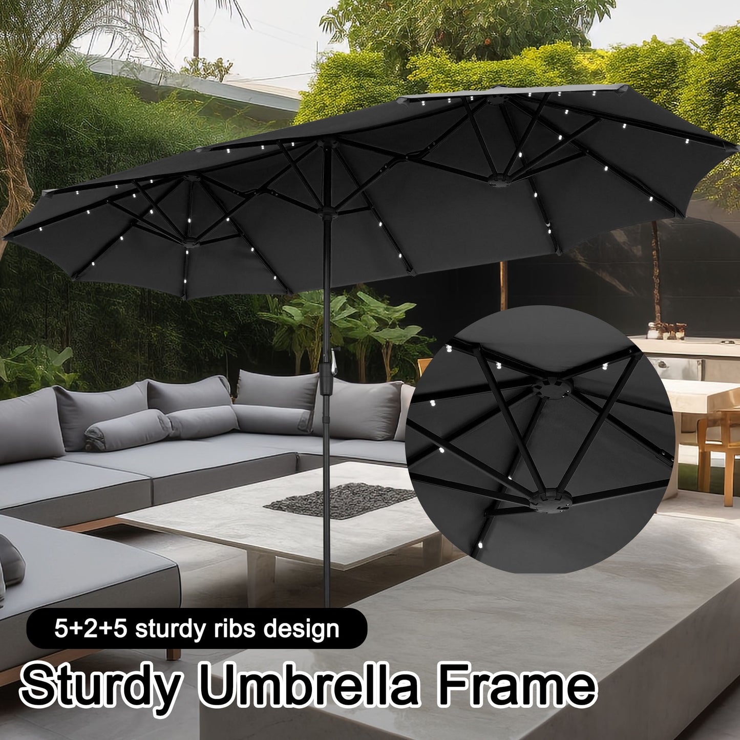 Autlaycil 13 ft Rectangle Patio Umbrella with Umbrella Base 36 LED lights for Market Patio Solar Umbrella (Black)