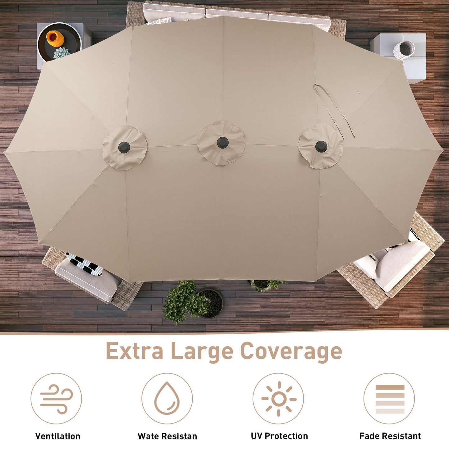 Autlaycil 15 ft Rectangle Patio Umbrella with Umbrella Base, Crank, Outdoor Market Umbrella (Khaki)