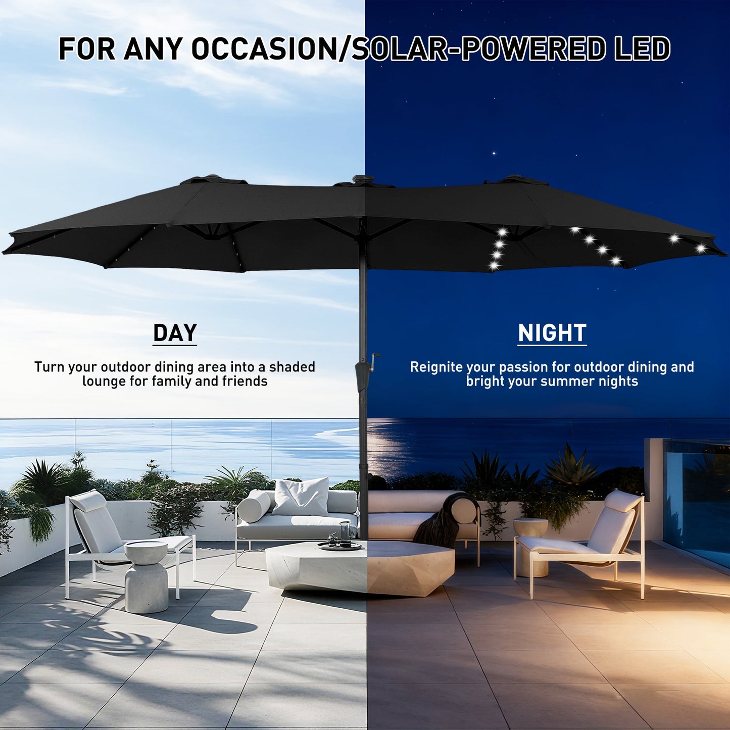 Autlaycil 15ft Large Rectangle Outdoor Patio Umbrella and 48 Solar Lights with Matching Base, Market, Beach, Garden, Yard, Party, Black
