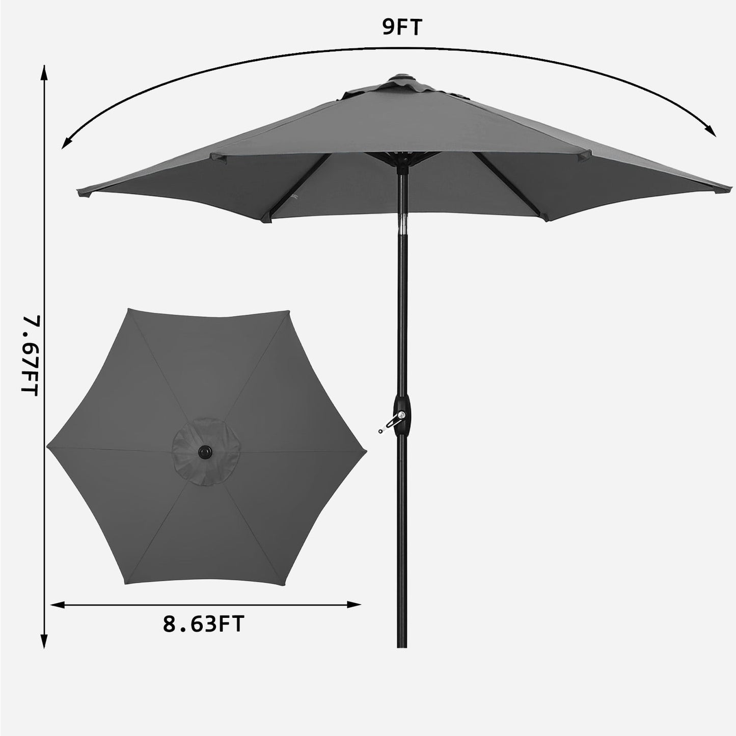 Autlaycil 9ft Patio Umbrella with Tilt and Crank, Adjustable Outdoor Market Umbrellas, 6 Sturdy Ribs UV Protection Water Resistance for Garden, Deck, Backyard, Pool (Grey)