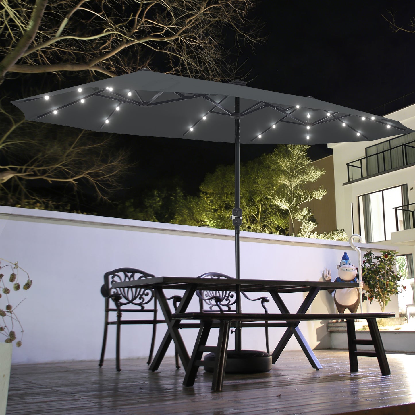 Autlaycil 13ft Solar Patio Umbrella with 36 Solar Powered LED Lights and Crank System for Garden, Deck, Poolside, Outdoor - Black