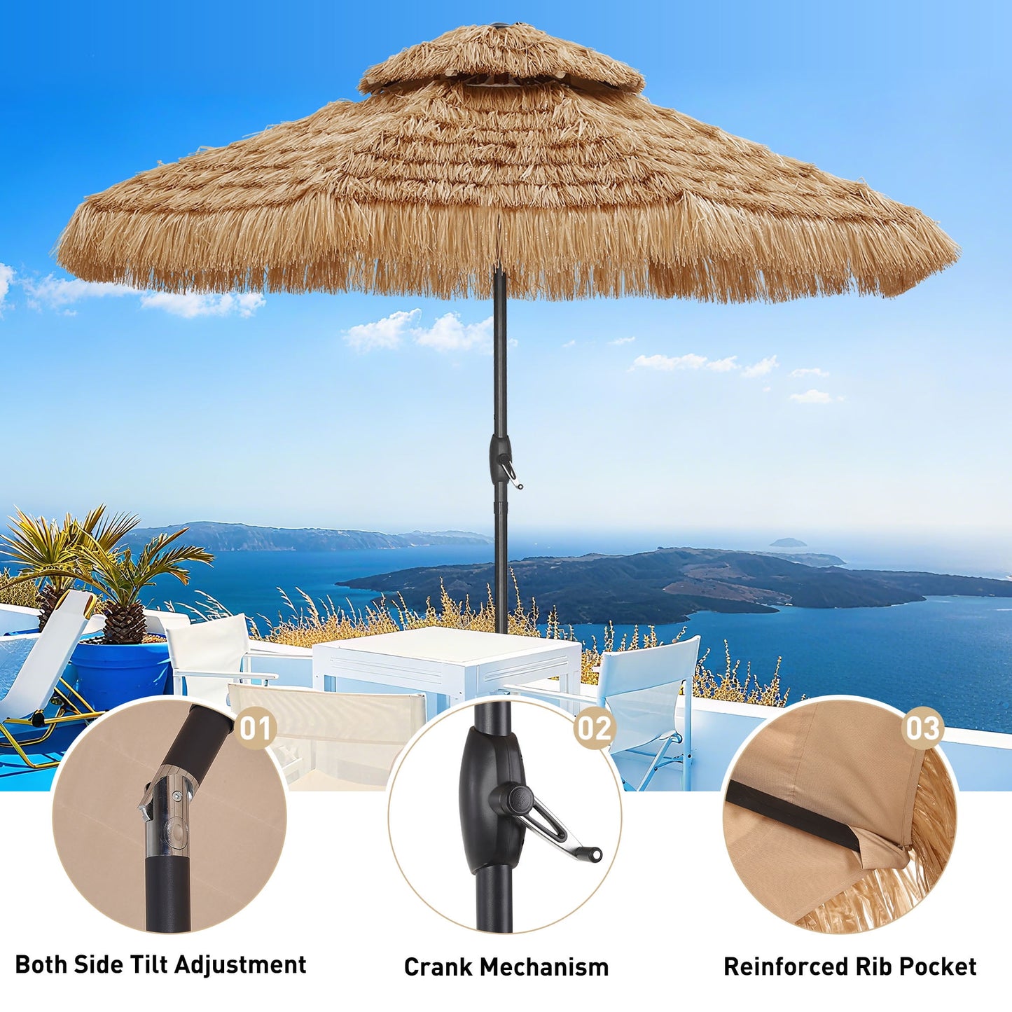 Autlaycil 9 ft Hula Tiki Outdoor Umbrella with Matching Base, 2-Tier Thatched Beach Umbrella, Pool, Patio, Yard, Garden