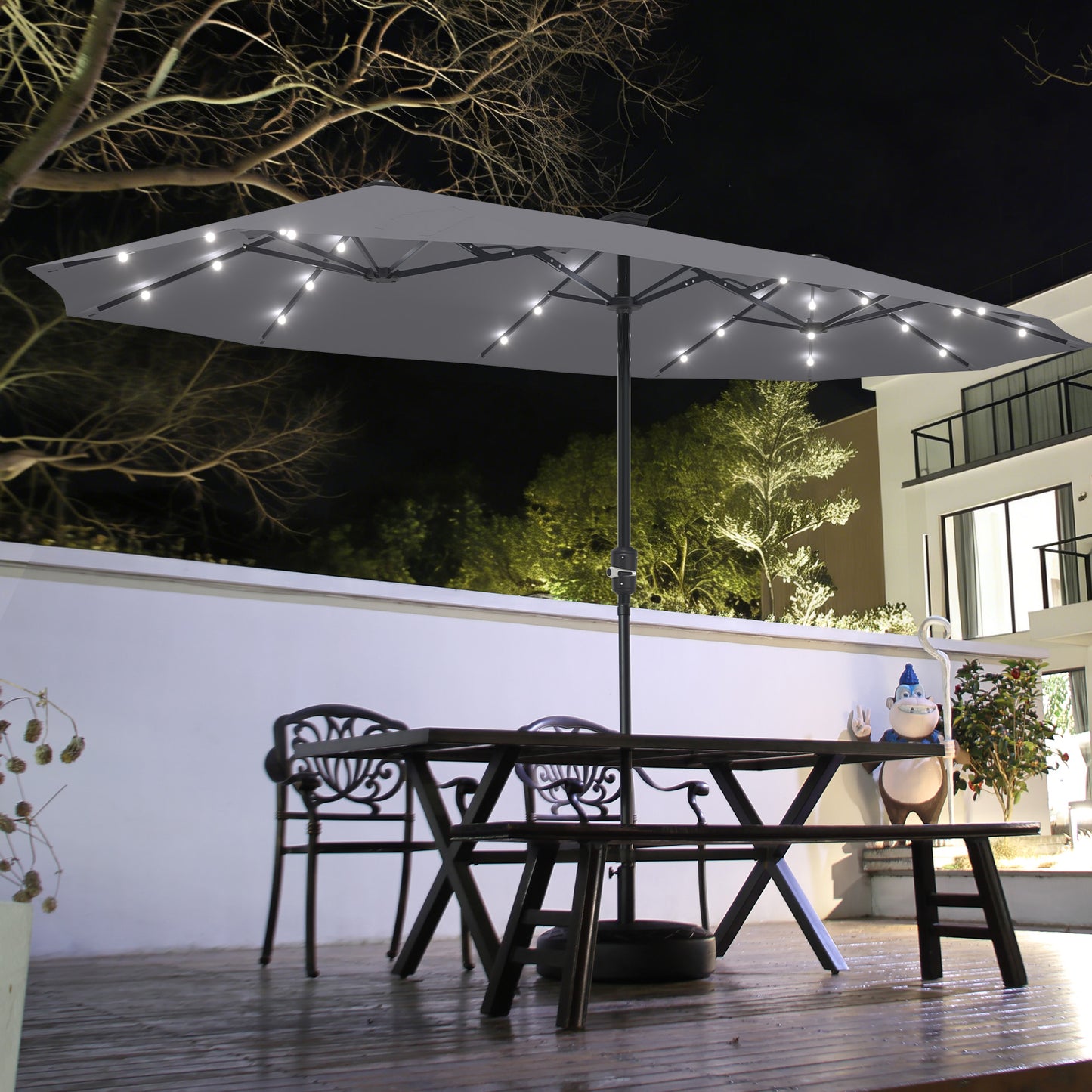 Autlaycil 13ft Solar Patio Umbrella with 36 Solar Powered LED Lights and Crank System for Garden, Deck, Poolside, Outdoor - Gray