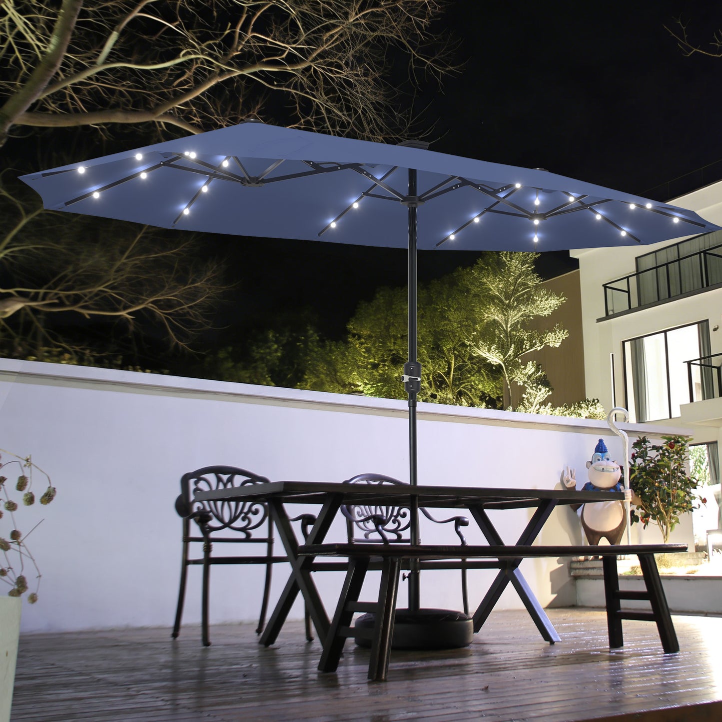 Autlaycil 13ft Solar Patio Umbrella with 36 Solar Powered LED Lights and Crank System for Garden, Deck, Poolside, Outdoor - Navy Blue